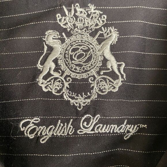 English Laundry Shirt Mens 17.5 Black Pinstriped Button Down Long Sleeve Collar - Picture 2 of 14